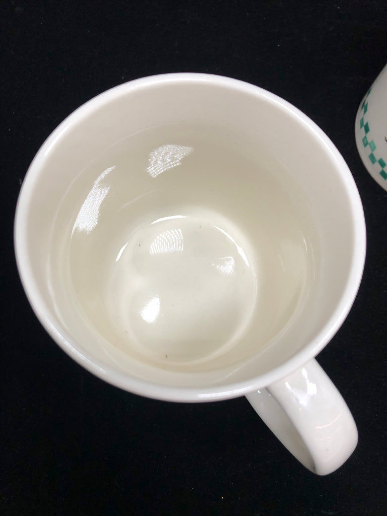 2 WHITE APPLE GREEN CHECKERED MUGS.