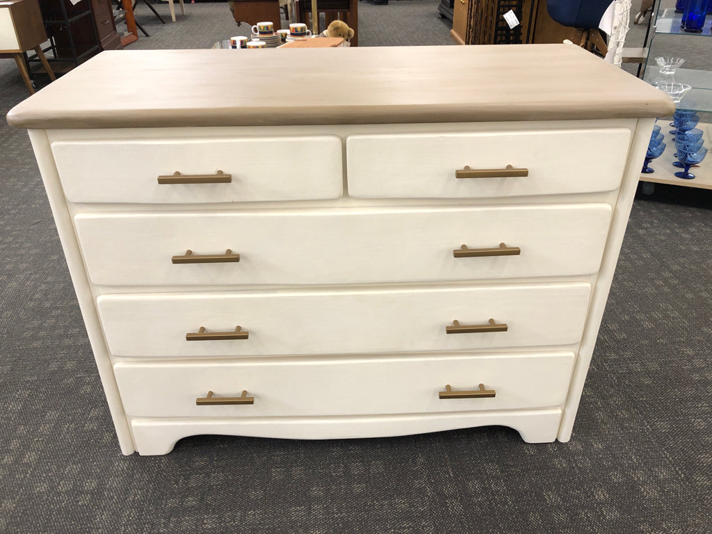 PAINTED WHITE 5 DRAWER WOOD TOP GOLD ACCENTS DRESSER.