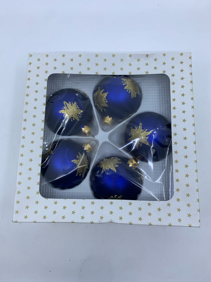 5 BLUE AND GOLD ORNAMENTS.