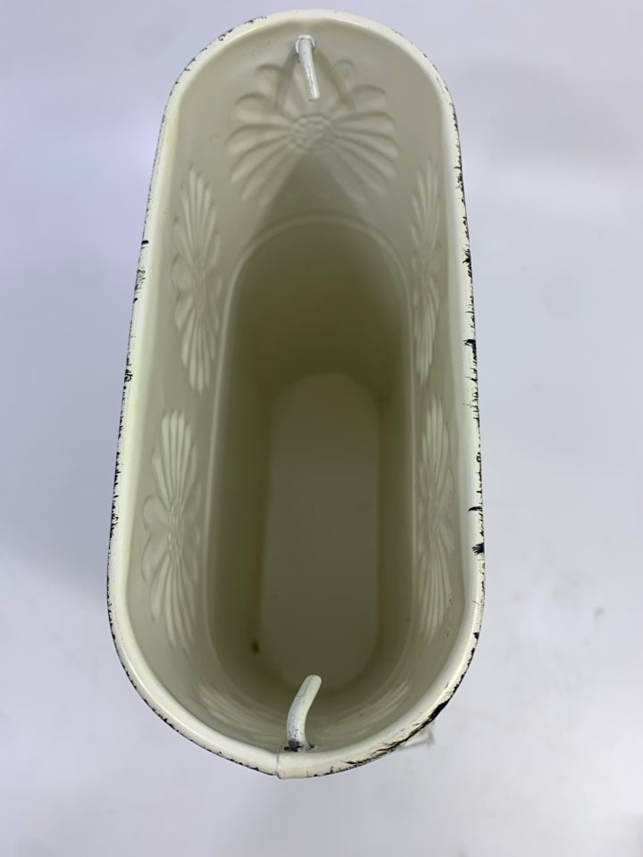 WHITE RUSTIC TIN BUCKET W/FLOWER DETAIL.