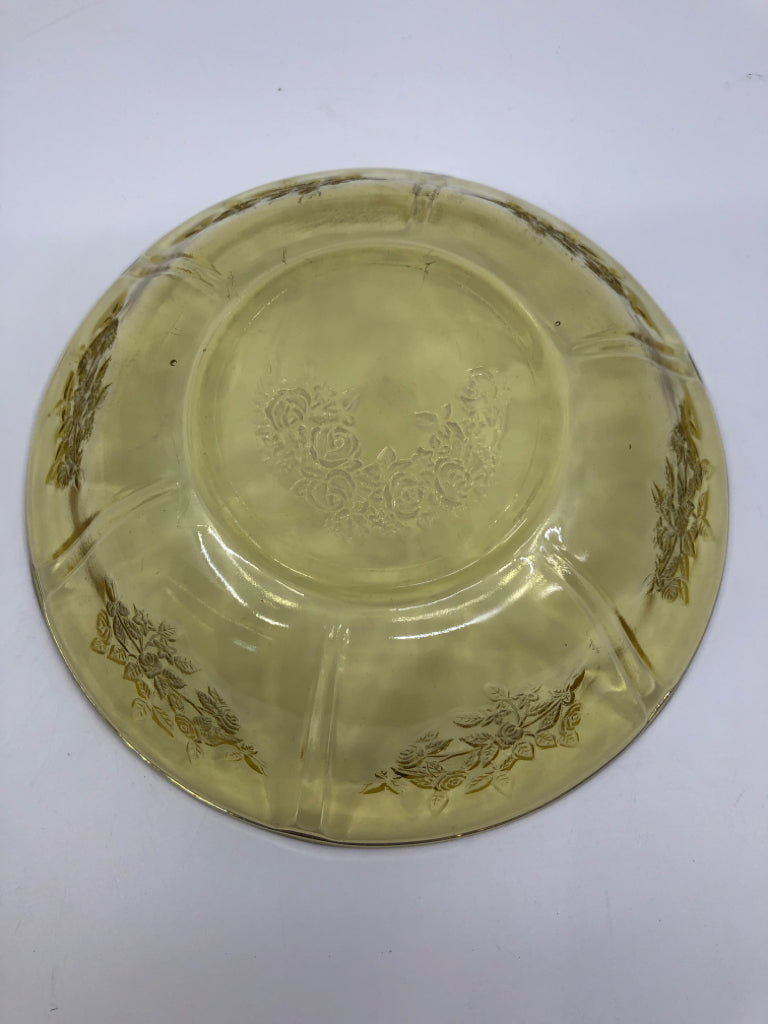 VTG YELLOW GLASS BOWL W/ EMBOSSED ROSES.