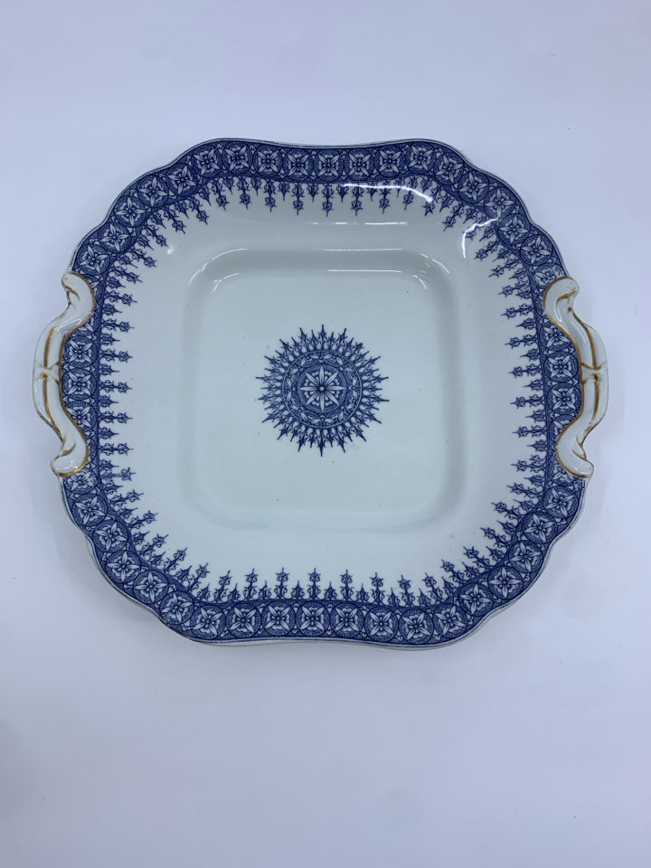 WHITE,BLUE,GOLD PATTERN CERAMIC SERVING DISH.