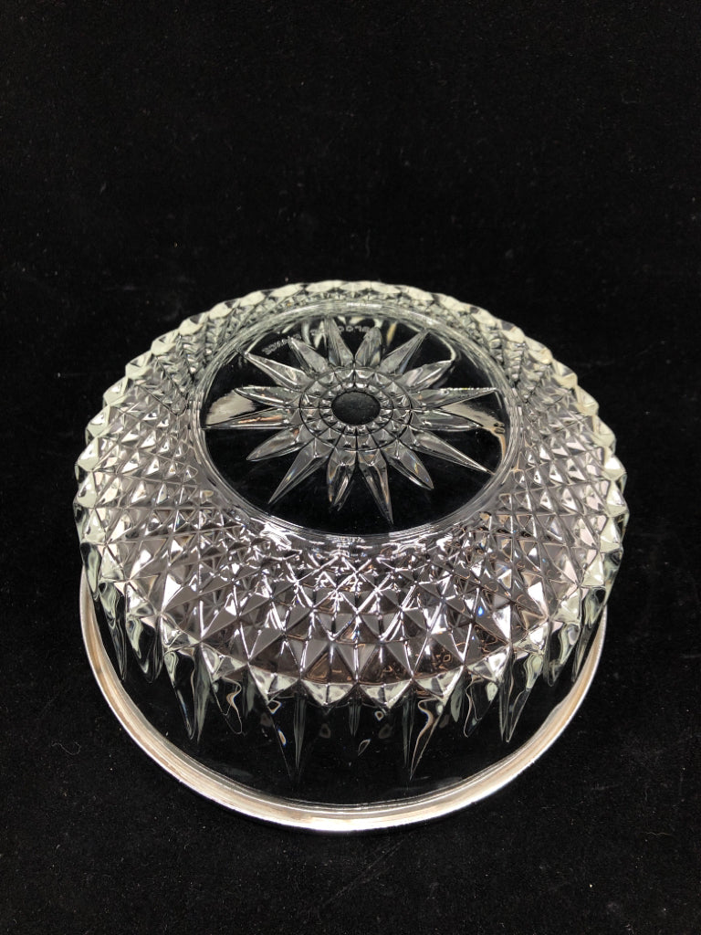 CUT GLASS DIAMOND POINT BOWL W/SILVER RIM.