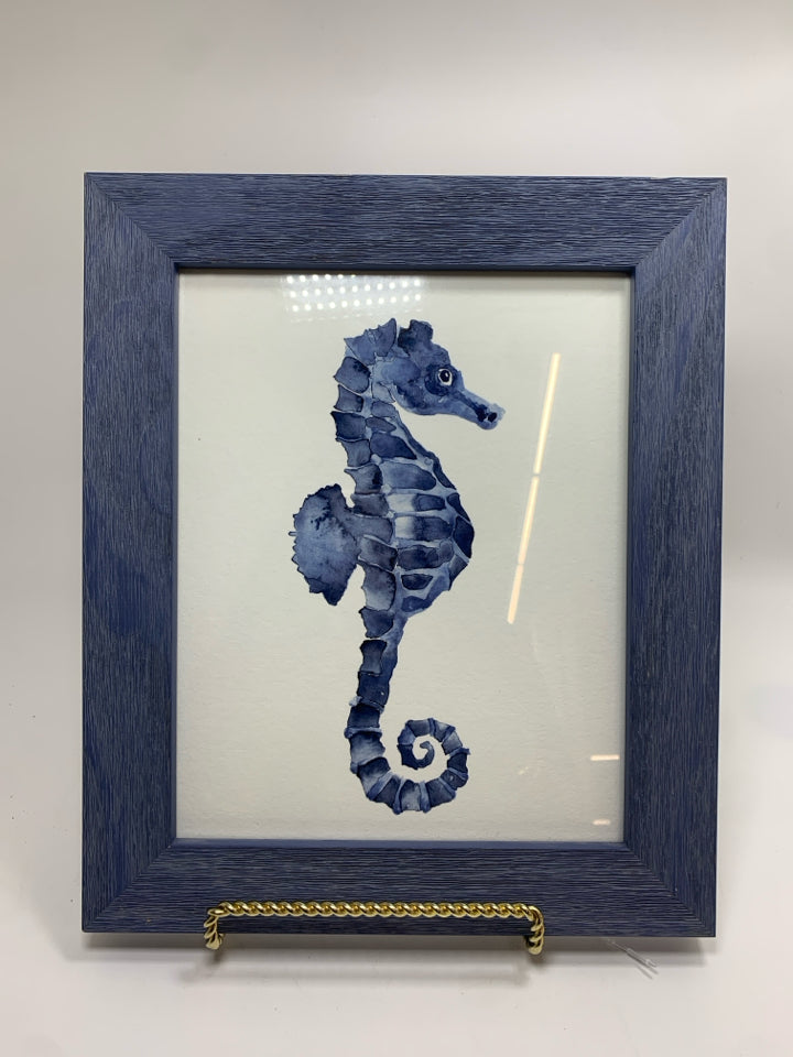 SEAHORSE WATERCOLOR IN BLUE FRAME.