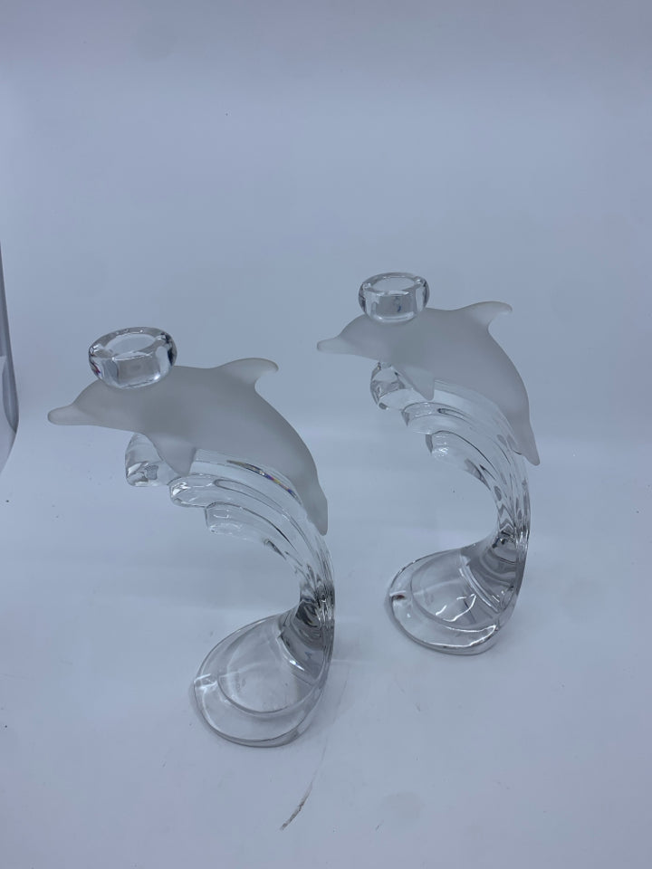 2 HEAVY FROSTED DOLPHIN TAPER CANDLE HOLDER.