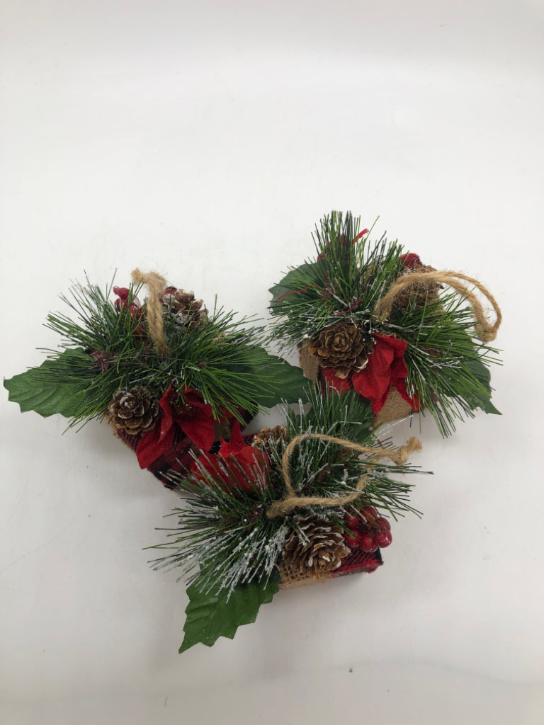 3 PLAID SQUARE PINECONE ORNAMENTS.
