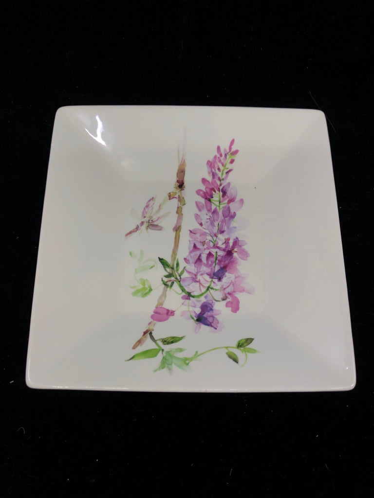 PURPLE FLOWER PAINTED SQUARE SERVING PLATE.
