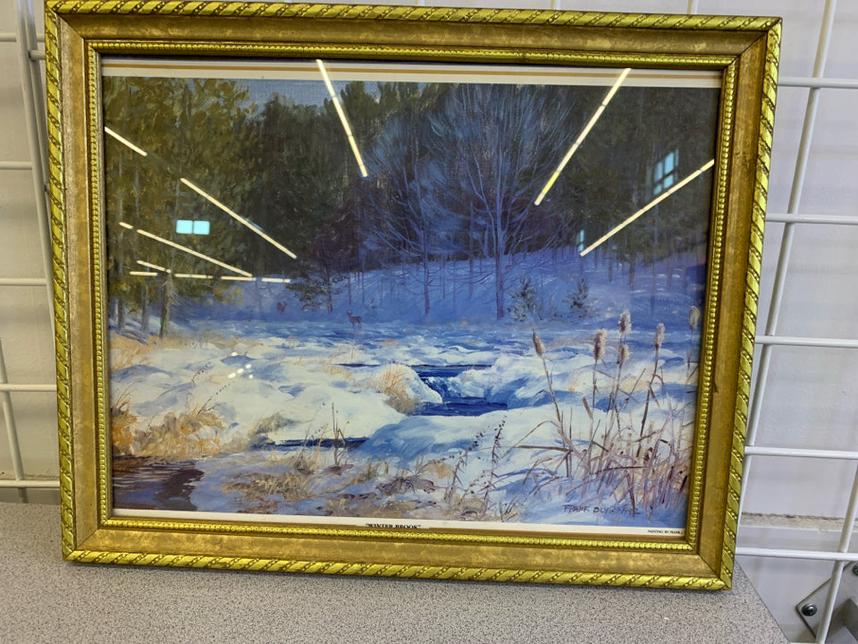 SNOW COVERED POND W/ TREE- FRAMED PRINT.