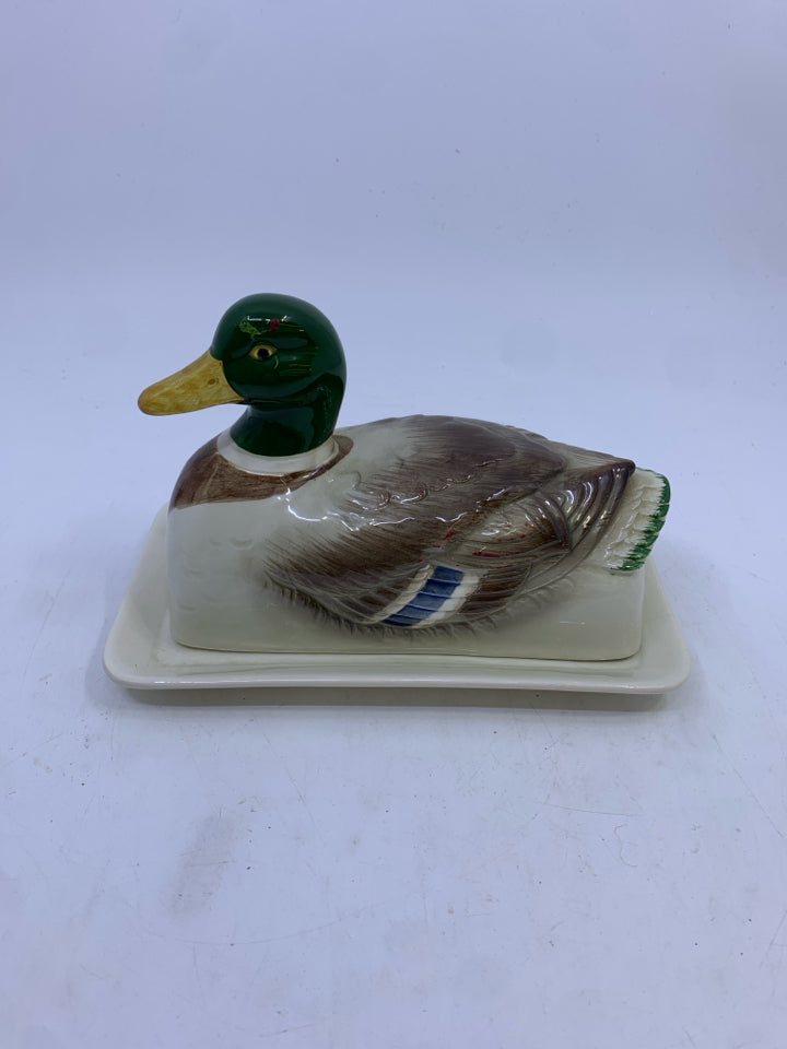 2 PC GREEN HEAD DUCK BUTTER DISH.