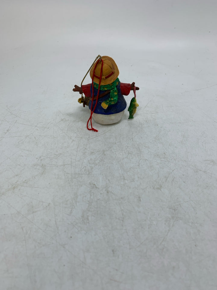 FISHING THEMED SNOWMAN ORNAMENT.