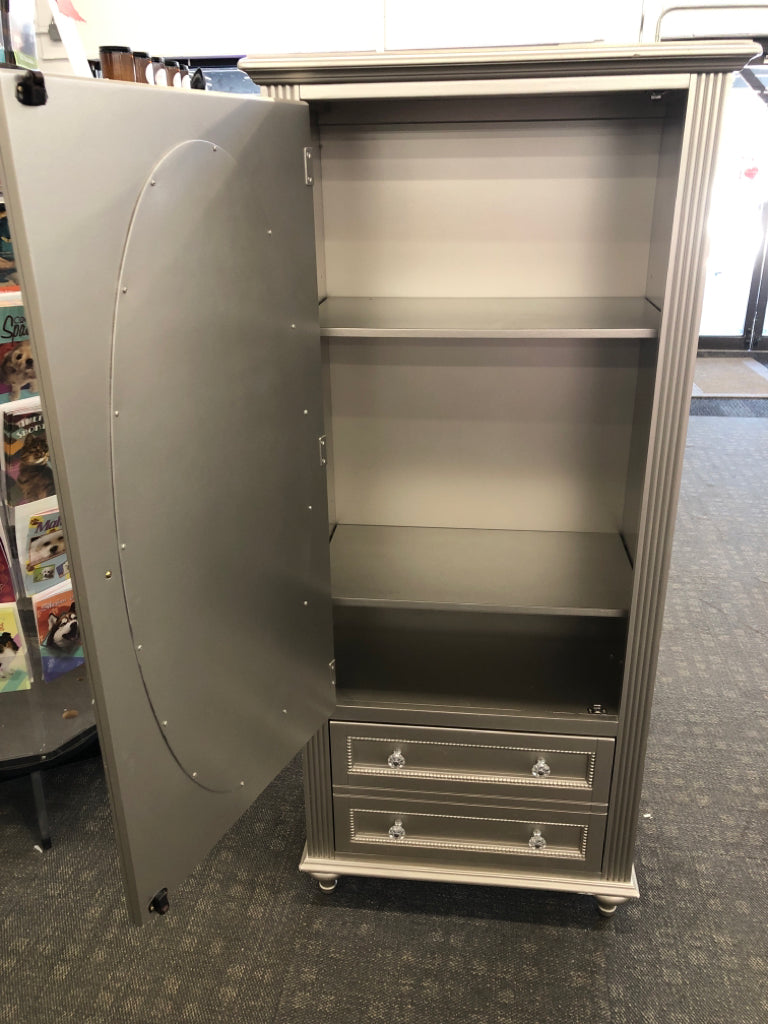 SILVER ARMOIRE W/MIRRORED DOOR & 2 DRAWERS *MINOR WEAR.