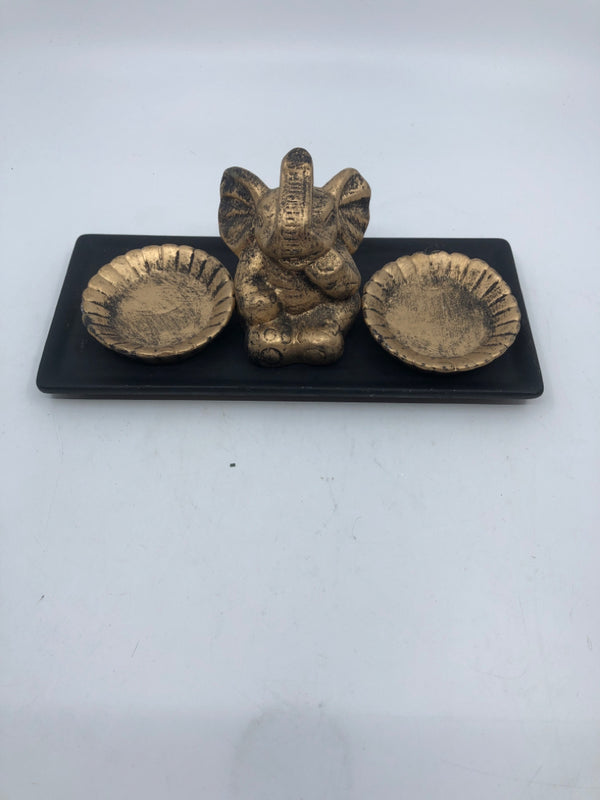 4PC BLACK AND GOLD TRINKET TRAY WITH ELEPHANT.