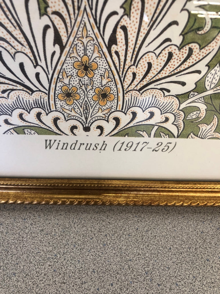 GREEN PAISLEY WILLIAM MORRIS WALL ART IN GOLD FRAME.