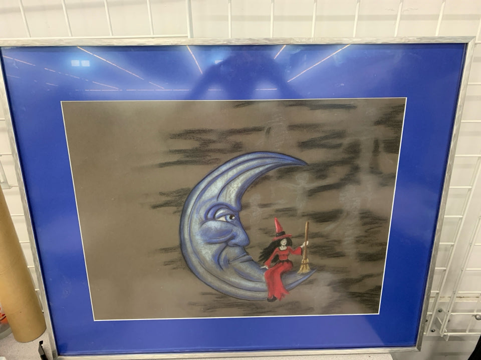 BLUE MOON W/ WITCH SITTING IN RED DRESS BLUE BACKGROUND WALL ART.
