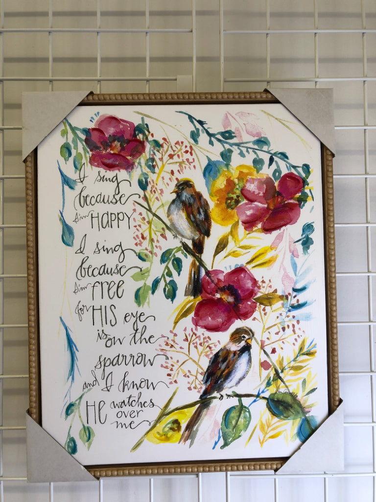 BIRDS, PINK FLOWERS PAINTED CANVAS IN LT WOOD FRAME.
