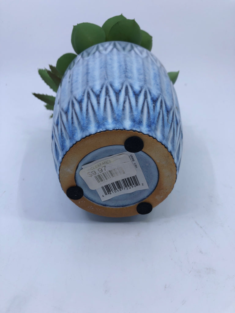 FAUX SUCCULENT IN BLUE PLANTER.