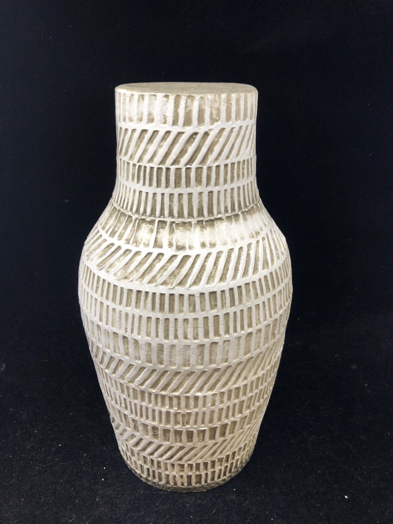 HEAVY WHITE CARVED CRATE AND BARREL VASE.