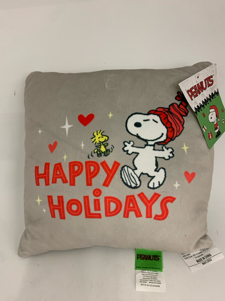 NEW GREY HAPPY HOLIDAYS SNOOPY PILLOW.