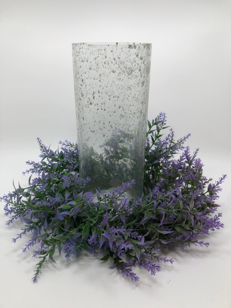 BUBBLE GLASS CANDLE HOLDER W/FAUX LAVENDAR.