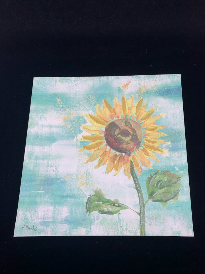 SINGLE SUNFLOWER IN TEAL BACKGROUND CANVAS WALL ART.