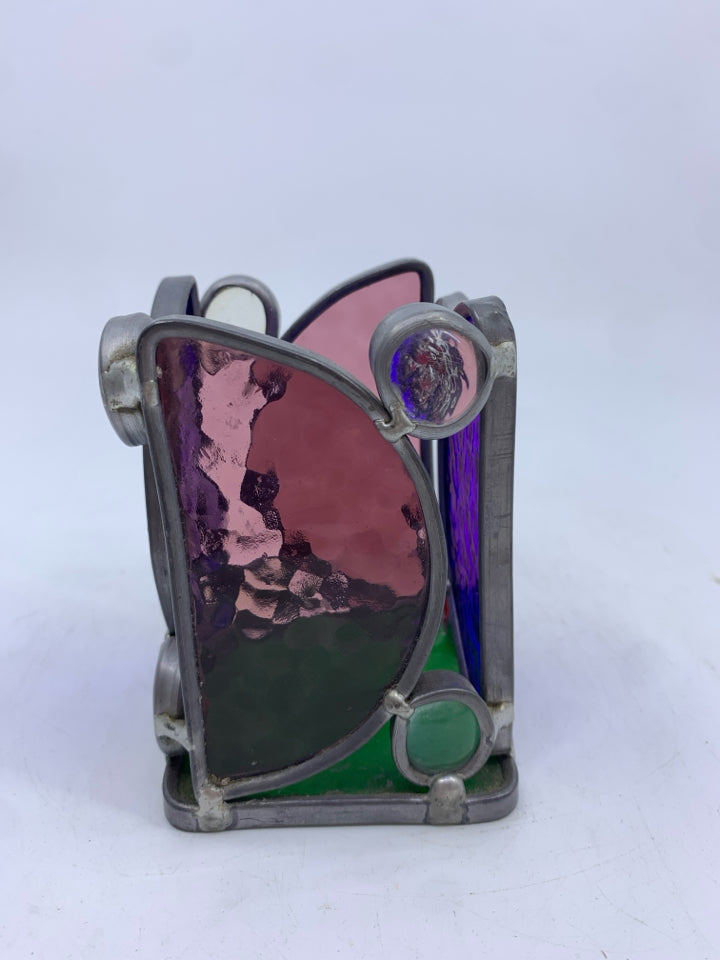 STAIN GLASS ABSTRACT VOTIVE HOLDER.