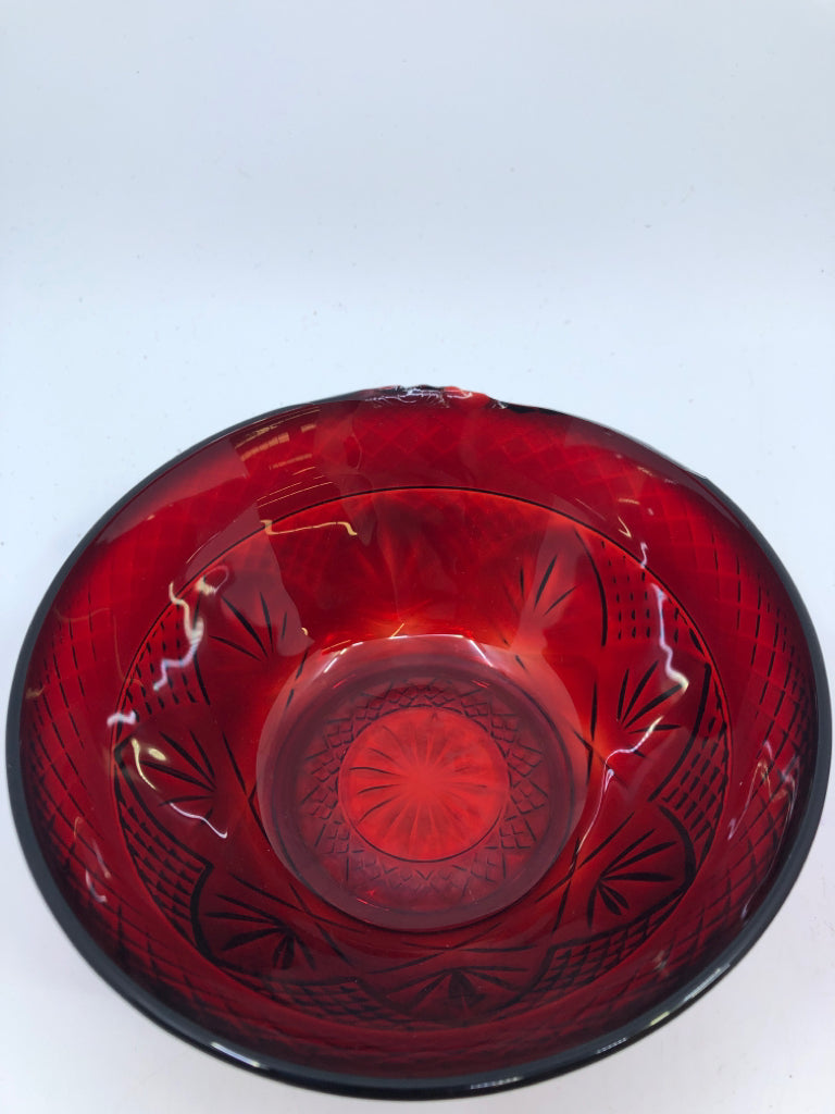 4 CRANBERRY GLASS CUT GLASS BOWLS.