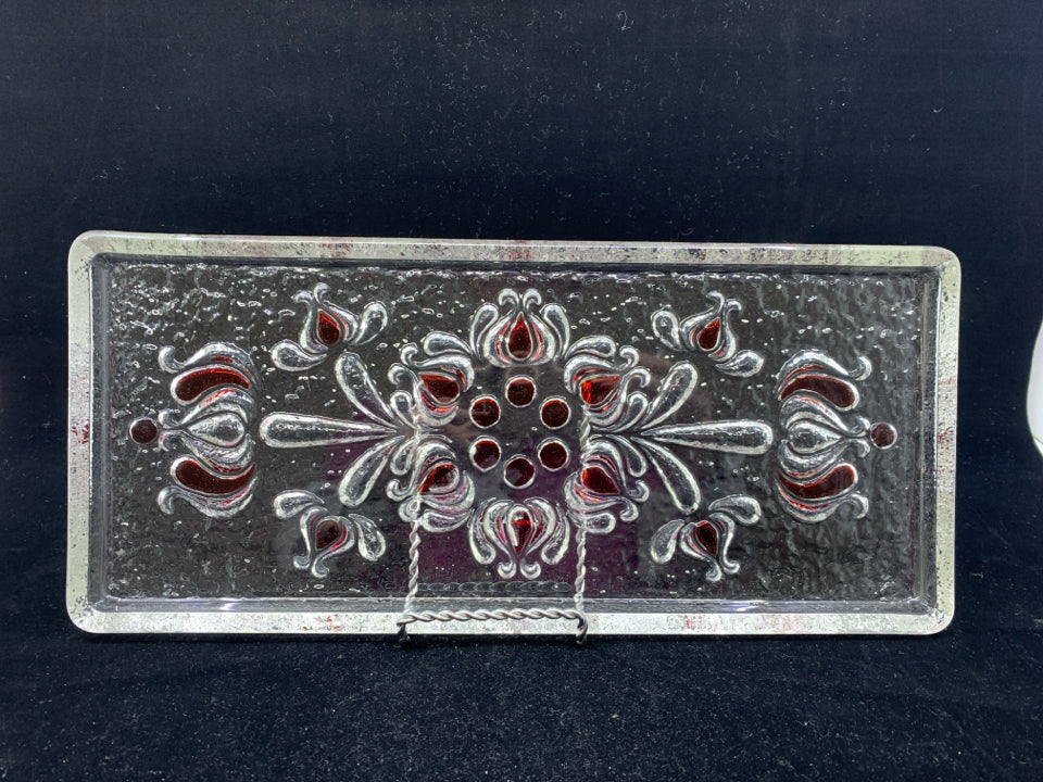 HEAVY GLASS RECTANGLE TRAY W/ SCROLL ETCHED PATTERN HINTS OF RED.