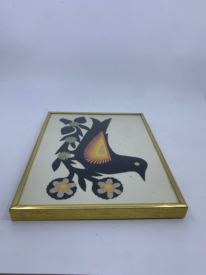 POLISH FORK ART BLACK BIRD ON FLOWER WALL ART GOLD FRAME.