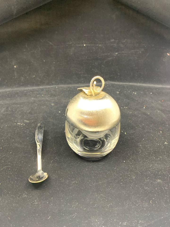 SMALL SILVER APPLE MUSTARD JAR W SPOON.