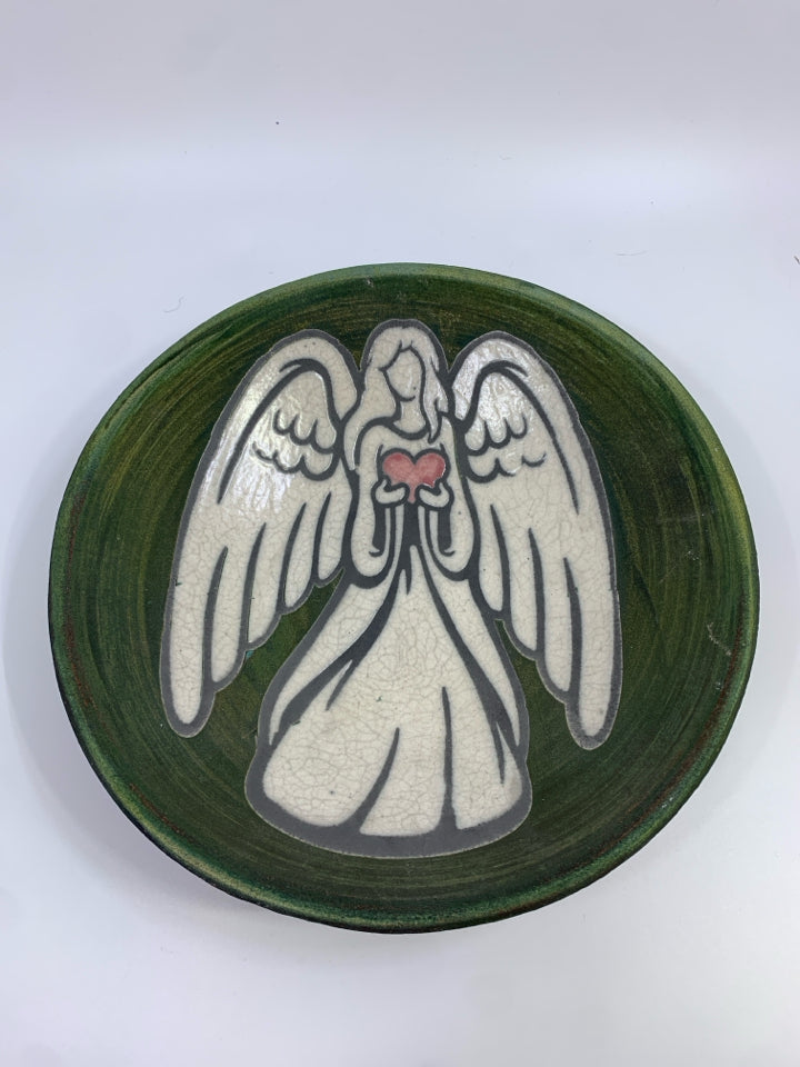 JEREMY DILLER RAKU POTTERY GREEN BOWL W/ANGEL.