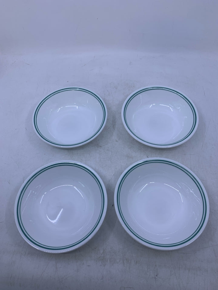 4 WHITE W/ GREEN RIM SNACK BOWLS.