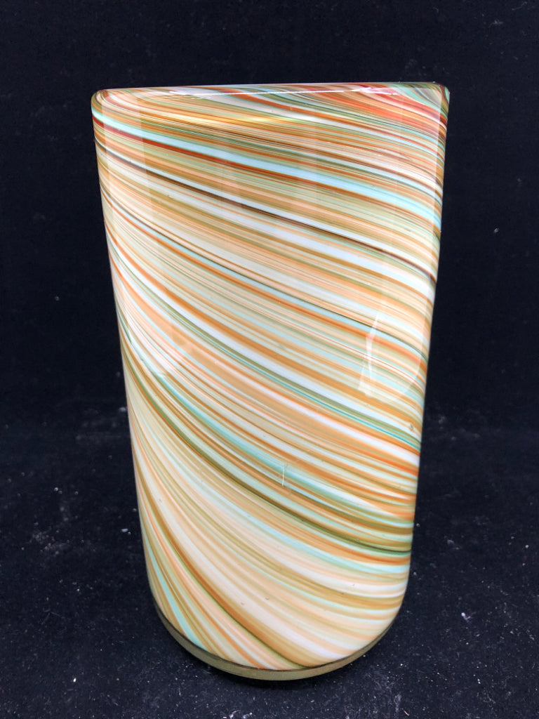 BROWN AND TEAL GLASS VASE.