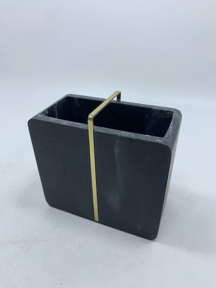 BLACK MARBLE TOOTHBRUSH HOLDER W/GOLD ACCENTS.
