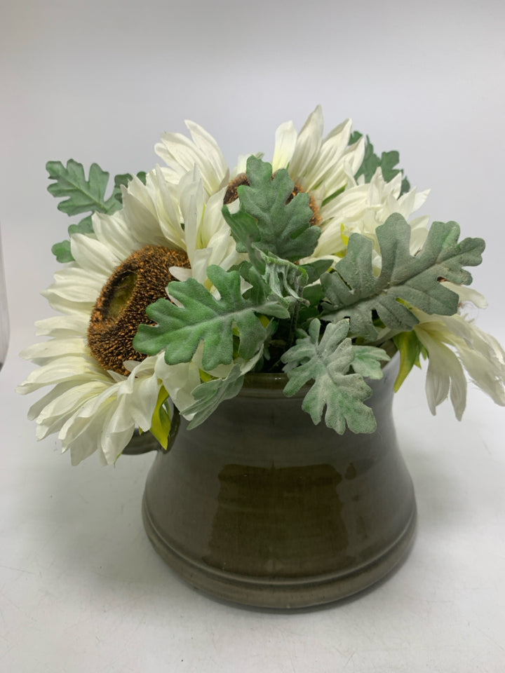 LARGE GREY PLANTER W/ FAUX WHITE DAISIES.