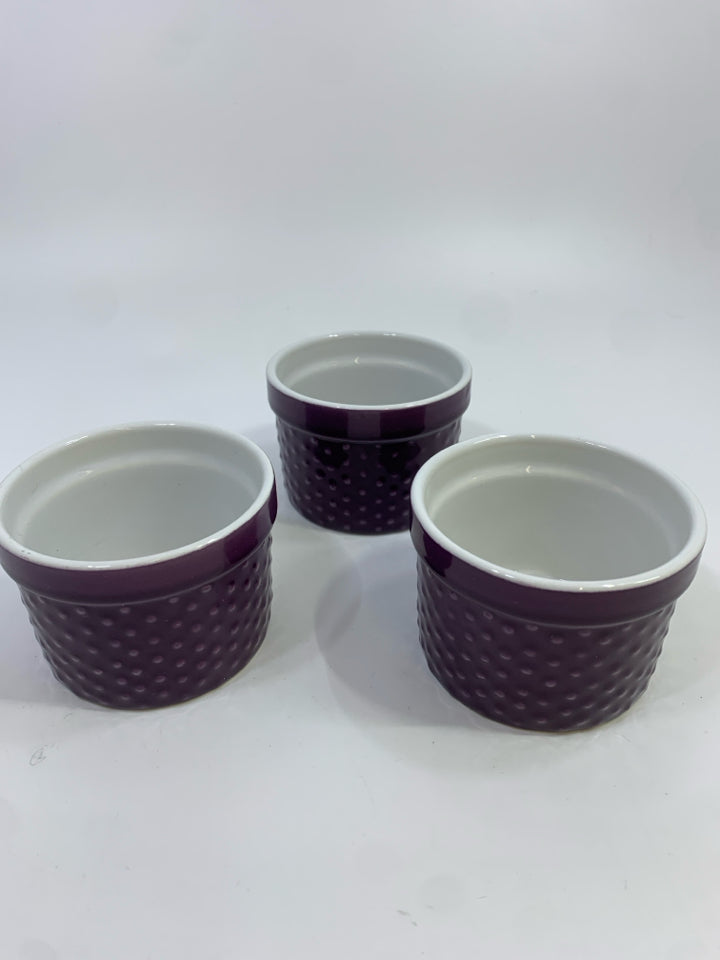 3 PURPLE CERAMIC RAMEKINS.