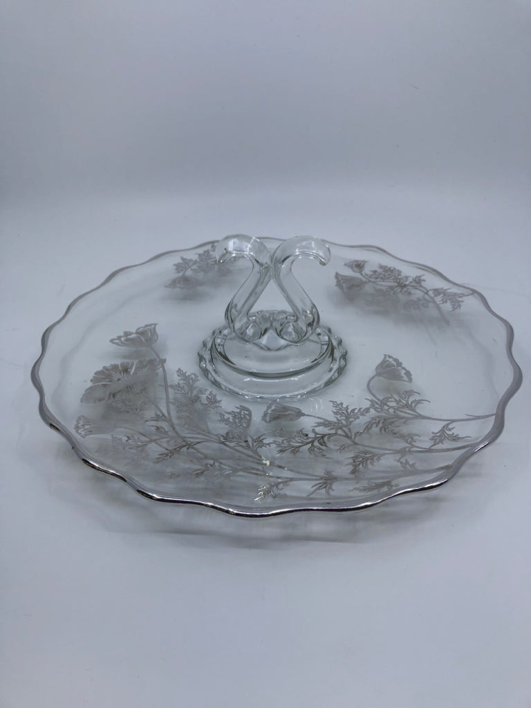 VTG GLASS PLATTER W/ HANDLE IN CENTER SILVER FLORAL DESIGN SCALLOP EDGE.
