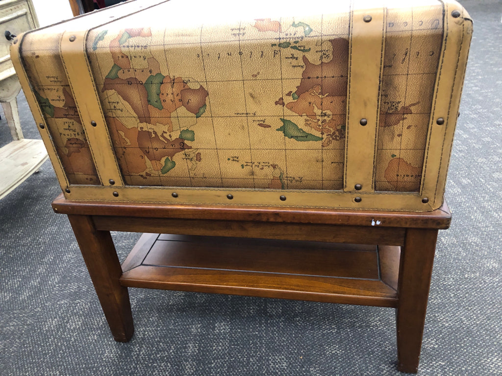 MAP FAUX LEATHER DESIGN SIDE TABLE CHEST SHAPE W/ DRAWER.