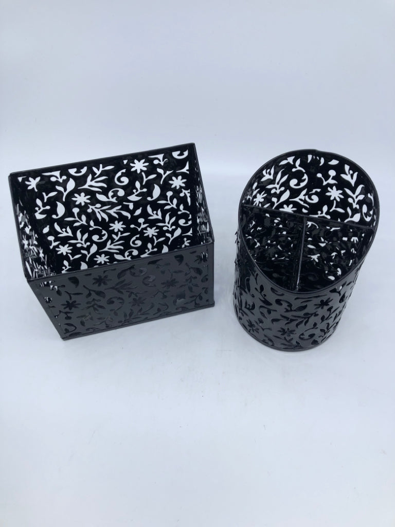 2 PC BLACK PIERCED METAL PENCIL CUP/STORAGE MAGNETIC.