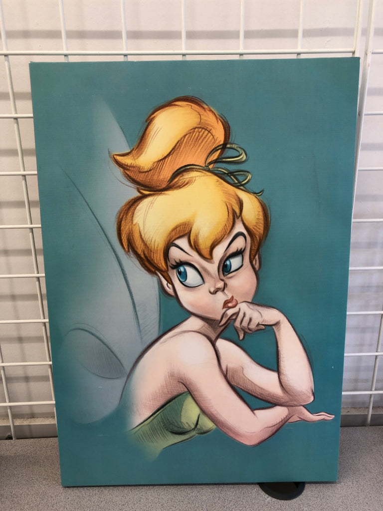 TINKERBELL AIR-BRUSH DESIGN ON BLUE CANVAS.