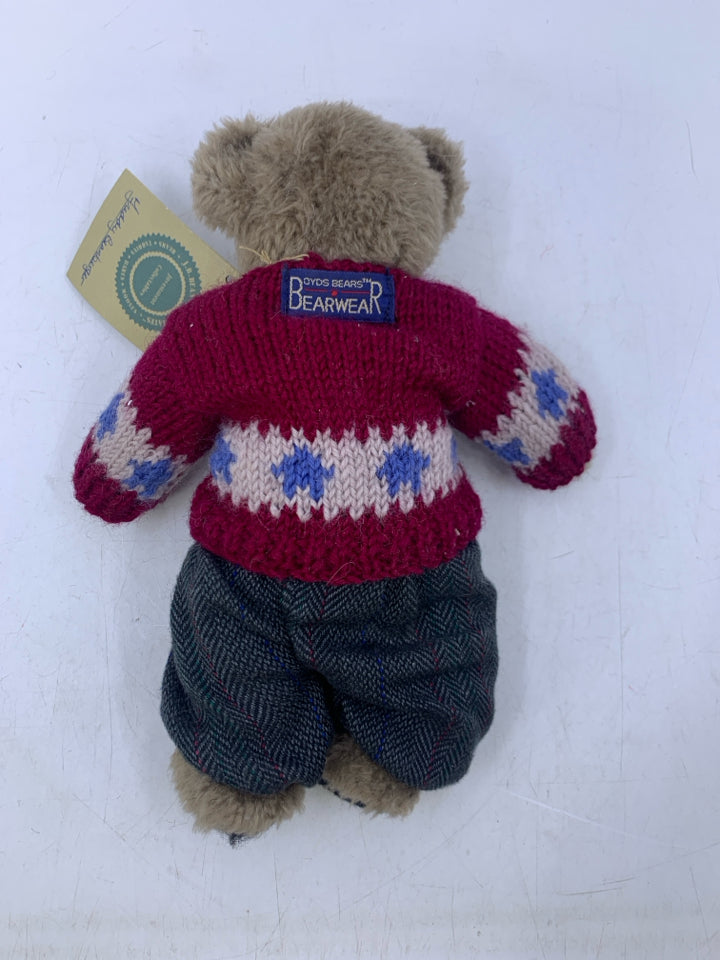 DARK GREY SHAG BEAR W/ MAROON SWEATER GREY PANTS.