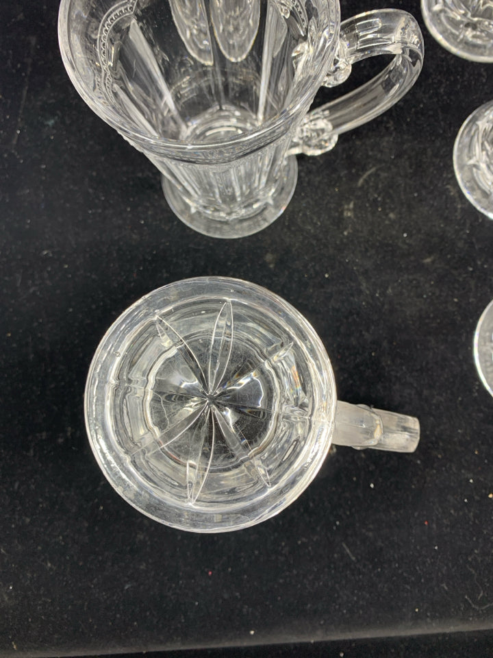 6 HEAVY GLASS DECORATIVE MUGS.