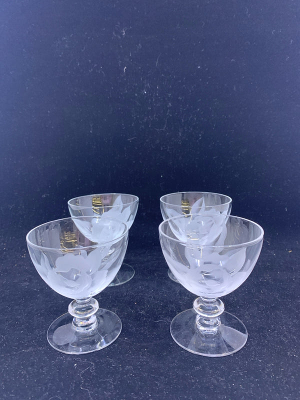 4 CLEAR GLASS FROSTED EMBOSSED ROSE FOOTED BOWLS.