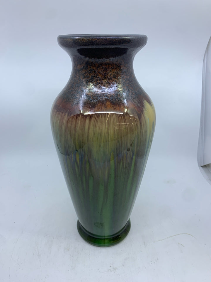 IRIDESCENT GREEN,CREAM,BROWN OMBRE VASE.