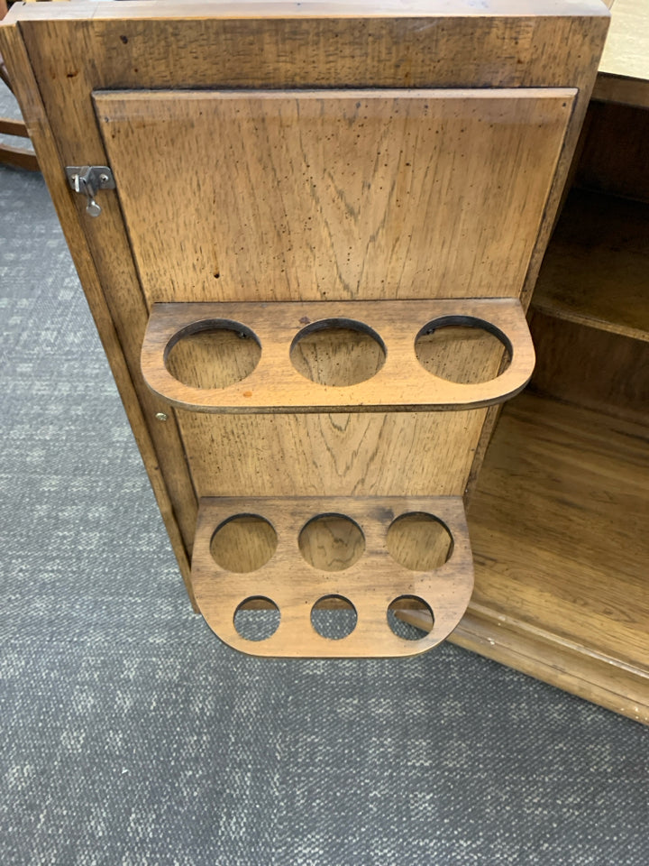 VTG WOOD BAR CABINET W/ W/ LIFT TOP DETAILED DOORS METAL HARD WARE.