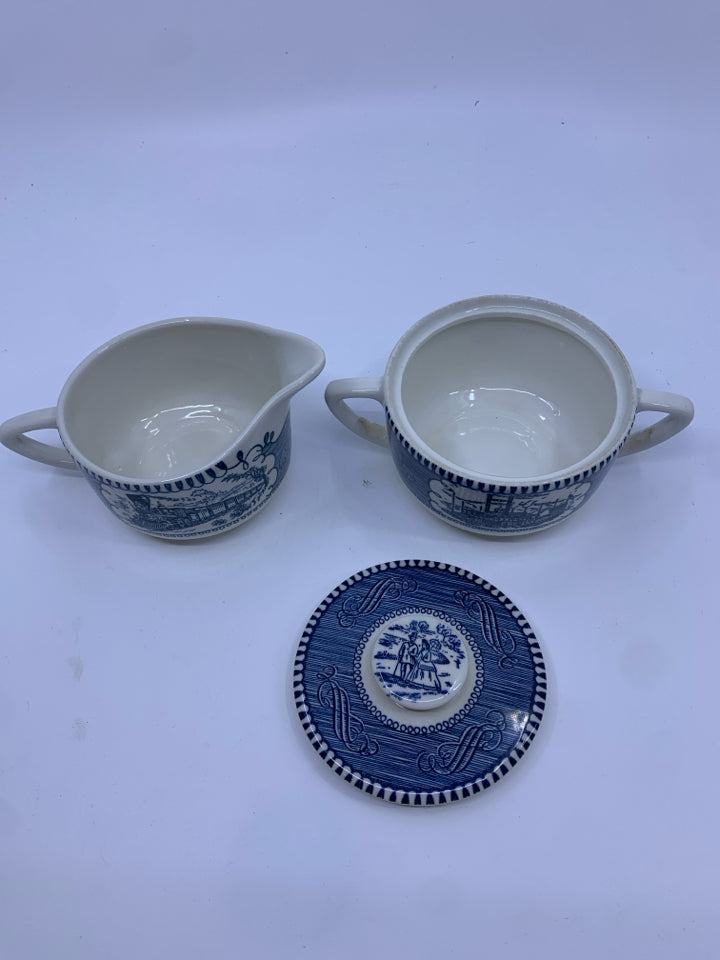 VTG BLUE AND WHITE TRAIN SCENE SUGAR AND CREAMER.