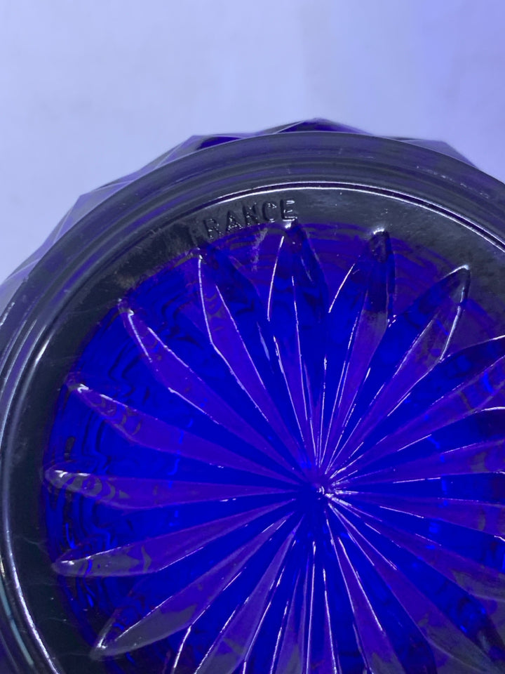 6 SHORT COBALT BLUE EMBOSSED DESIGNS GLASSES.