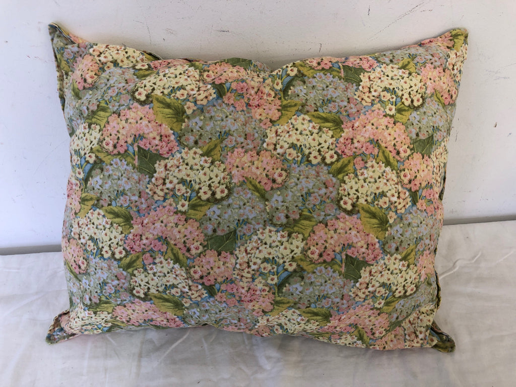 PINK AND BLUE FLORAL RECTANGLE PILLOW.