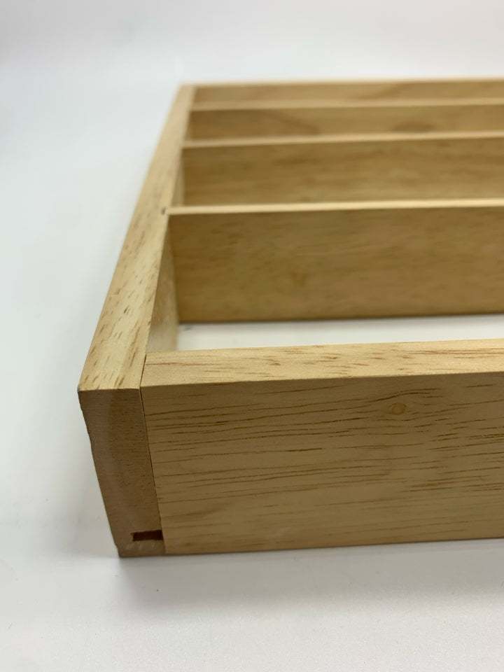 DIVIDED WOODEN UTENSIL STORAGE W/WHITE BASE.