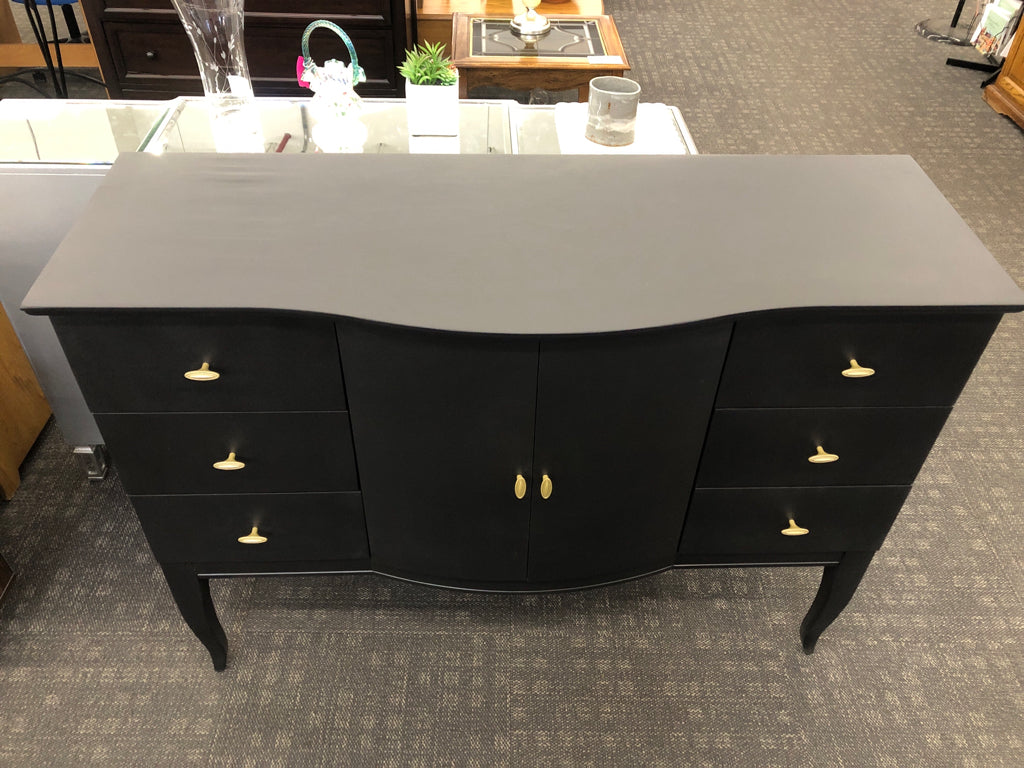 BLACK MID-CENTURY MODERN SIDEBOARD W/GOLD HARDWARE.