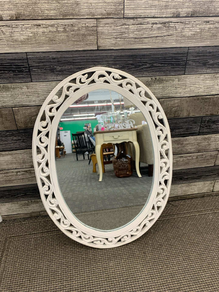 WHITE WOOD SCROLL MIRROR.